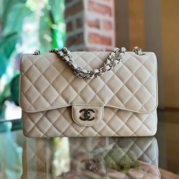 CHANEL Classic Double Flap Jumbo Beige Quilted Caviar Leather